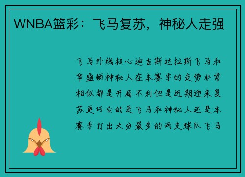 WNBA篮彩：飞马复苏，神秘人走强